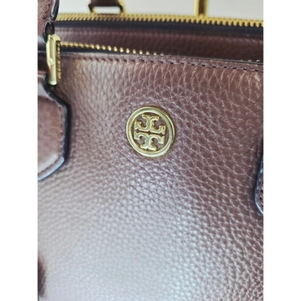 Tory Burch‎ Robinson Pebbled Leather Triple Zip Compartment Satchel Brown Gold